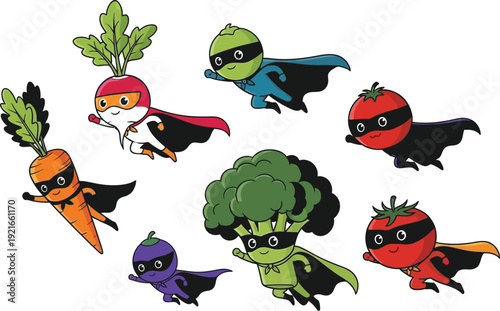 Veggie superheroes flying in action poses with capes
