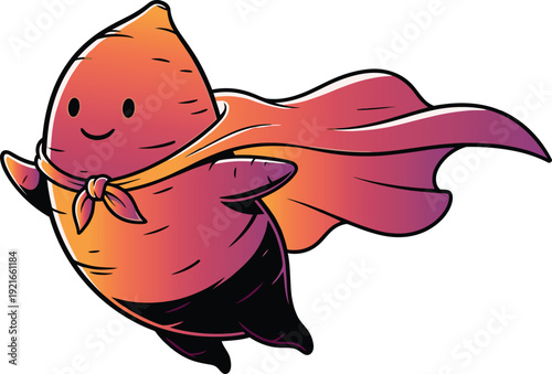 Vibrant carrot superhero flying through sunny sky with cape