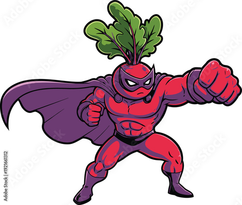 Vibrant superhero with beetroot power standing strong
