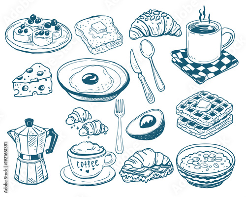 Hand drawn vintage mediterranean blue breakfast set. Dolce vita style food illustration perfect for cafe or restaurant menus design.