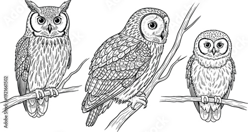 Hand Drawn Vintage Owl Illustration Set Featuring Great Horned and Barred Owls Perched on Tree Branches for Rustic Nature and Wildlife Designs