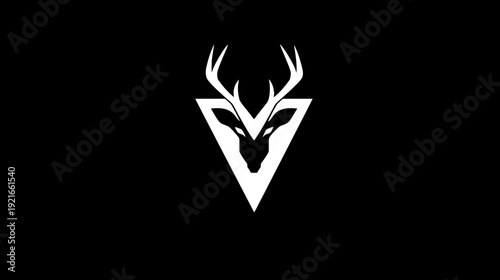 A striking graphic features a stylized deer head within a white, inverted triangle, against black