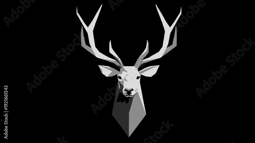 A geometric deer head in grayscale, with large antlers against a dark background