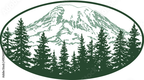 Vector art of a mountain with a snow-capped peak, framed by tall evergreen trees in an oval