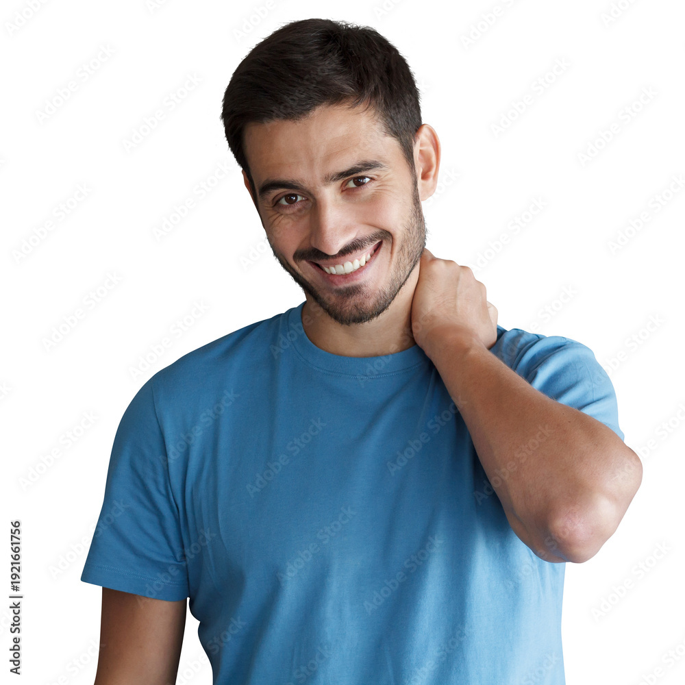 Obraz premium Young man in blue t-shirt touching the back of his neck and smiling warmly at camera