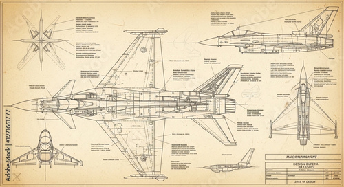 Detailed Blueprint of a Fighter Jet Aircraft.