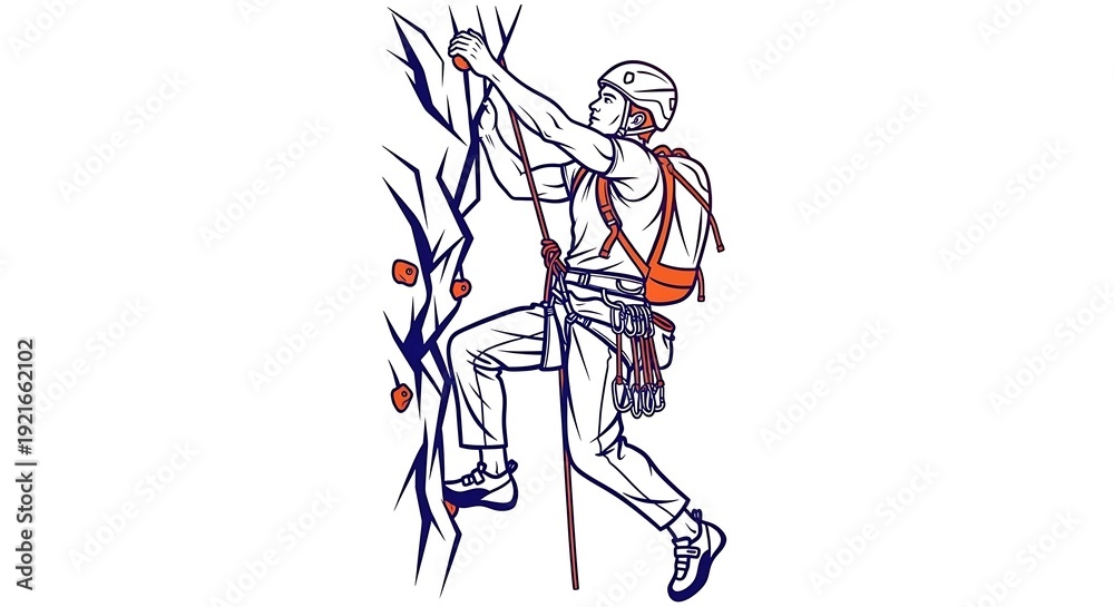 Obraz premium Illustration of a climber ascending a rock face, geared with safety equipment. A rope secures them, grasping the rock with one hand