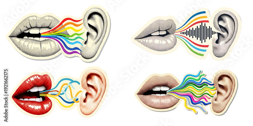 Pop art close up mouths and ears emitting rainbow sound waves sticker set on transparent background with halftone texture retro collage glossy varied colors mouths