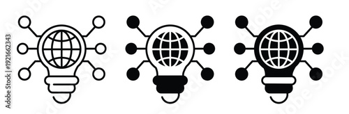 Global innovation light bulb icon vector. Symbol for worldwide connectivity, network infrastructure, sustainable green energy, and international idea sharing. Vector Illustration.