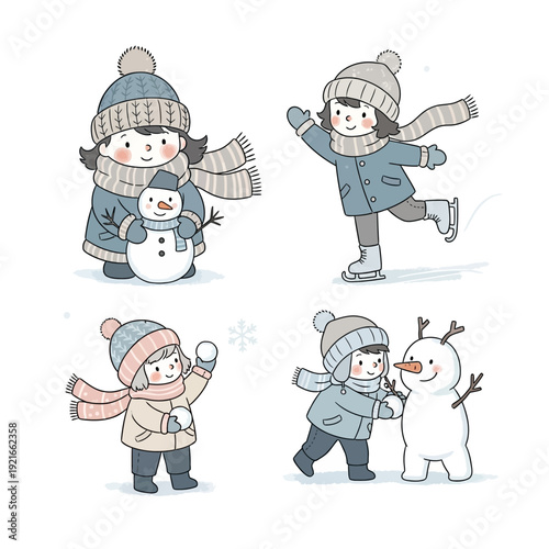 Cute Children Enjoying Winter Activities: Snowman, Ice Skating, Snowball Fight