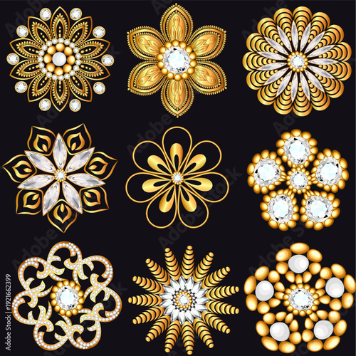 Collection of ornate gemstone brooches in gold and multicolor against a dark  background
