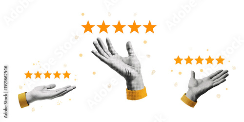 Vintage halftone close up three open hands presenting five star ratings in orange with yellow cuffs on transparent background high angle composition playful review concept graphic