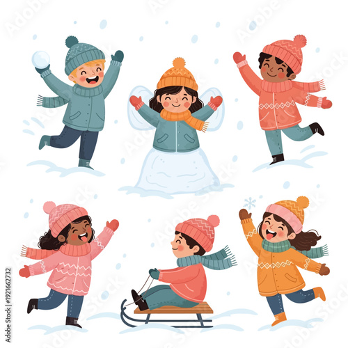 Diverse happy children playing in snow, winter fun and activities, kids sledding and snowball fight.