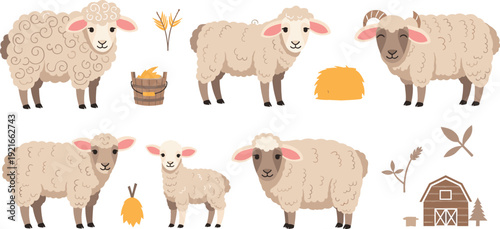Cute Cartoon Sheep Illustration Set with Lamb, Ram, Hay, Carrot, Barn, and Farm Elements for Kids Designs, Nursery, Easter, and Agriculture Themes
