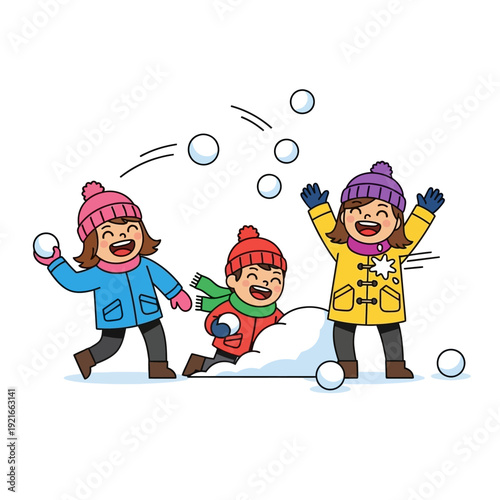 Happy kids playing snowball fight in winter, children having fun outdoors in snow.