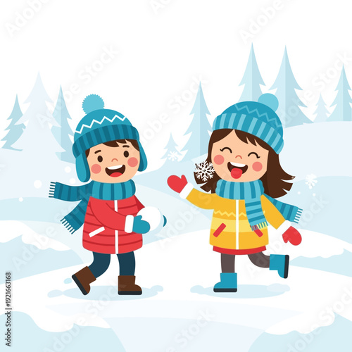 Happy Kids Playing Snowball Fight in Winter Forest