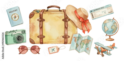 Watercolor travel items vintage suitcase map camera