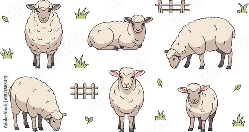Set of Hand Cute Sheep and Lamb Illustration Set Featuring Various  Countryside and Illustrations Featuring Great Horned and Barred Owls Perched on Tree Branches for Rustic Nature and Wildlife Designs