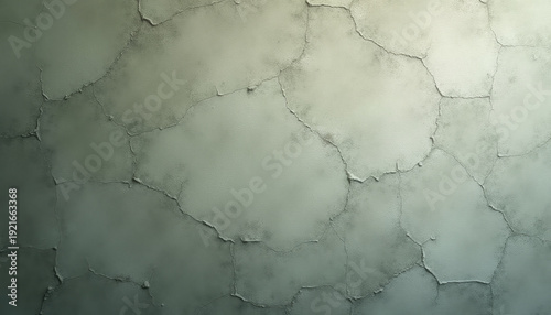 A top-down 3D view of a weathered, cracked surface resembling dried earth or old plaster in a soft seafoam green and grey palette.