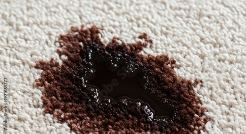 Close-up view of a dark, liquid stain deeply embedded into the white or cream-colored pile of a domestic carpet, indicating severe floor damage, damage, fabric, close up