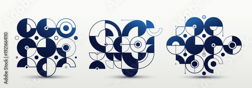 Abstract geometric design composition set, vector art wallpaper or background, geometry rectangular and circles graphics, stylish pattern collection.