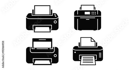 Four black printer icons are displayed against a white background showcasing different printer styles silhouette high quality professional detailed modern