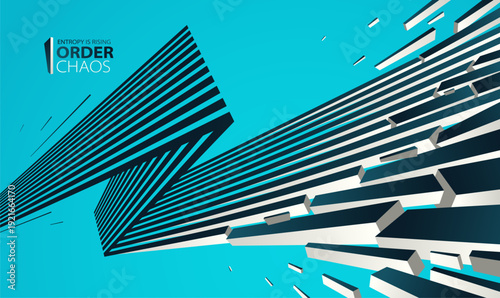Chaos and order vector concept abstract background with lines explosion to debris in decay, 3D wallpaper with perspective lines going to chaos of destruction.