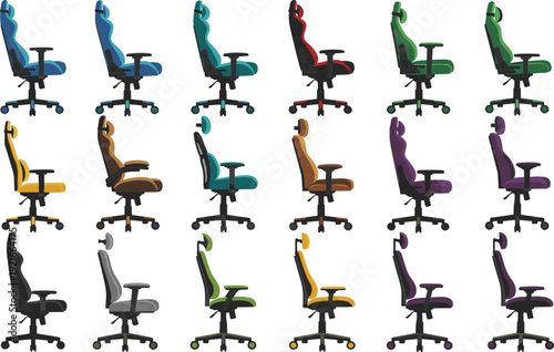 Ergonomic Office Chair and Gaming Chair Vector Icon Set with Adjustable Swivel Seating, Armrests, Wheels, and Modern Workspace Furniture Designs