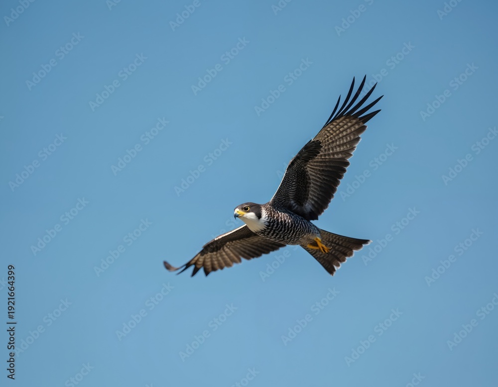 Fototapeta premium Peregrine falcon in flight against clear blue sky. Bird of prey spreads wings, showing patterned feathers and sharp talons. Wild creature soars gracefully in open air, hunting for food.