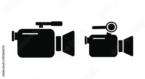 Two black video cameras are depicted in a simple flat style showcasing a minimalist silhouette high quality professional detailed modern elegant