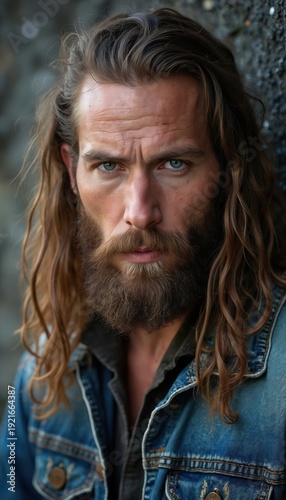 Man with long hair and beard wears denim jacket. Blue eyes stare forward with intense expression. Rugged style evokes modern viking warrior spirit and primal nature.