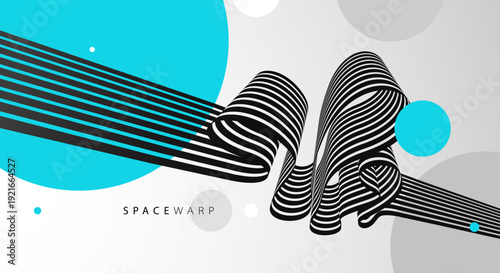 Vector abstract background with curve lines in 3D perspective and bright blue circles, road look like tape with stripes, dynamic speed and motion.