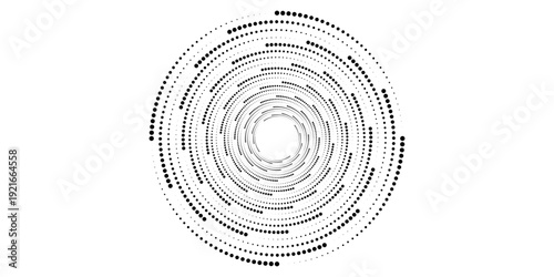 Vector dotted speed lines in vortex form. Geometric art. Segmented circle. Arc lines. Trendy design element for frame, round logo, sign, symbol, web, prints, posters, template, pattern, backdrop