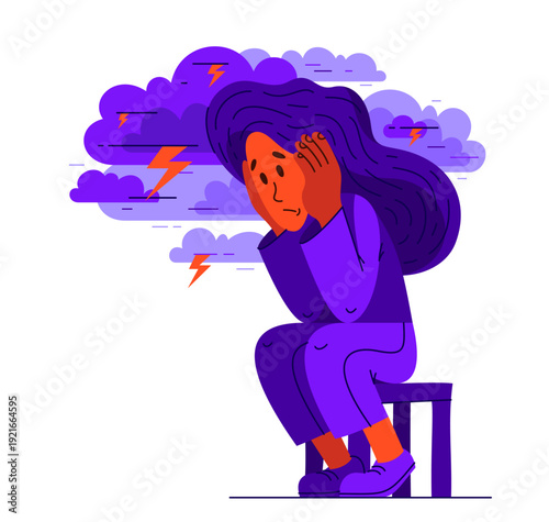 Young woman feeling stressed and uncomfortable, vector illustration of a person having mental disorder panic and anxiety, psychological problems.