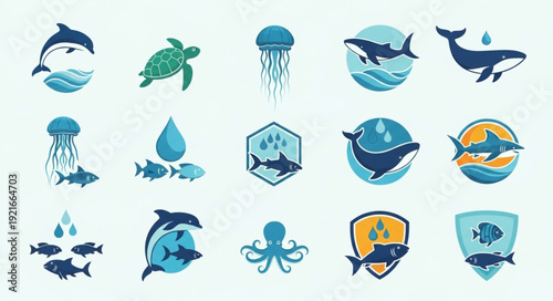 Collection of Marine Animal Icons and Logos.
