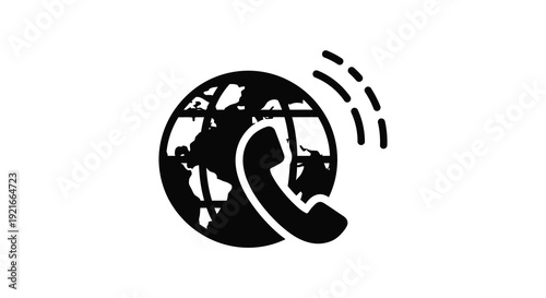 A black silhouette depicts a globe with a telephone receiver symbolizing global communication networks high quality professional detailed modern elegant stylish