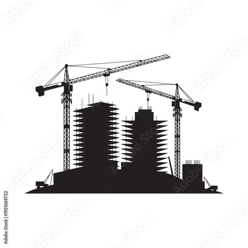 Silhouette of construction cranes and unfinished high rise buildings