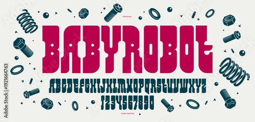 Logo typography minimal geometric display font, vector typeface in robotic futuristic comic cartoon style, alphabet letters and numbers typography for posters and headlines.