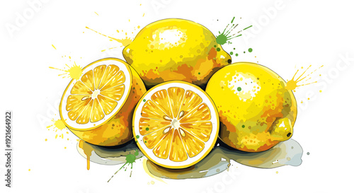 Vibrant watercolor lemons, whole and halved, with juice splashes