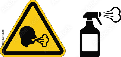 Yellow triangular warning sign with coughing person icon and spray bottle symbol indicating toxic chemical fumes, respiratory hazard, and inhalation health risk.
