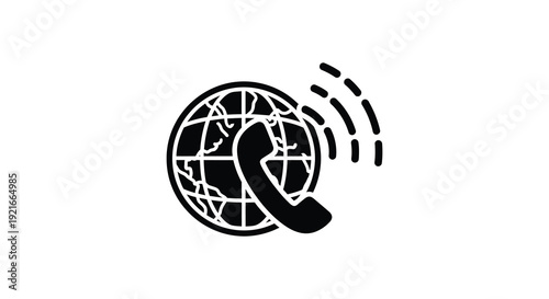A black silhouette depicts a globe with a telephone receiver symbolizing global communication connections silhouette high quality professional detailed modern elegant