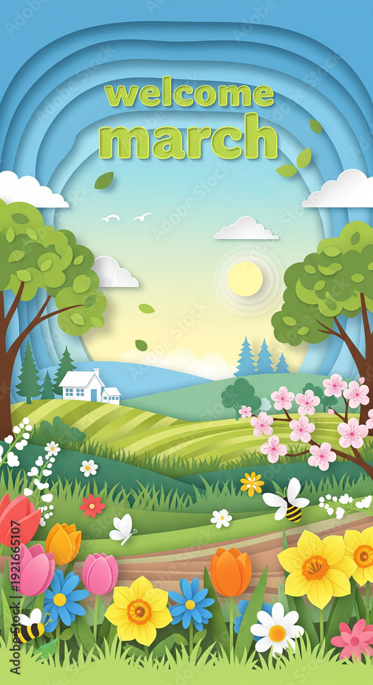 Obraz premium Welcome March spring landscape with flowers, trees, and sunny sky illustration