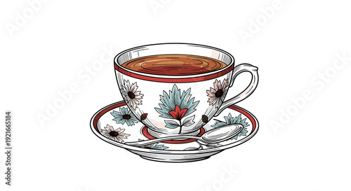 Vintage teacup with floral pattern, tea, saucer, and spoon