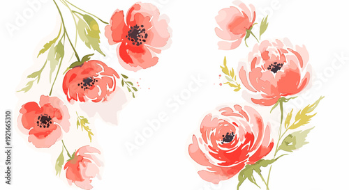 Watercolor coral pink floral elements with green leaves on white