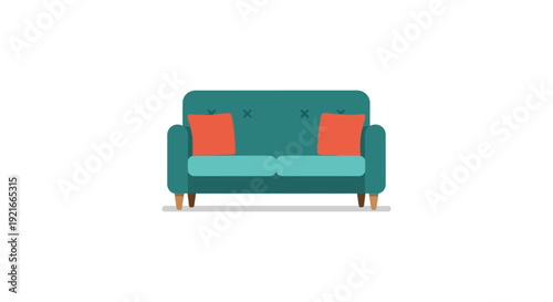 A flat design illustration of a teal sofa with two red pillows presented as a simple silhouette high quality professional detailed