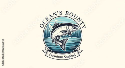 Salmon jumping in river with mountains and ocean bounty text.