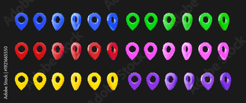 A set of colorful glossy 3D vector pins for marking locations on a map, made in different colors and at different angles in pixel art style.