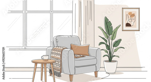 Cozy armchair with side table and plant in a bright room.