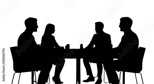Silhouette of four people sitting around a table in a meeting