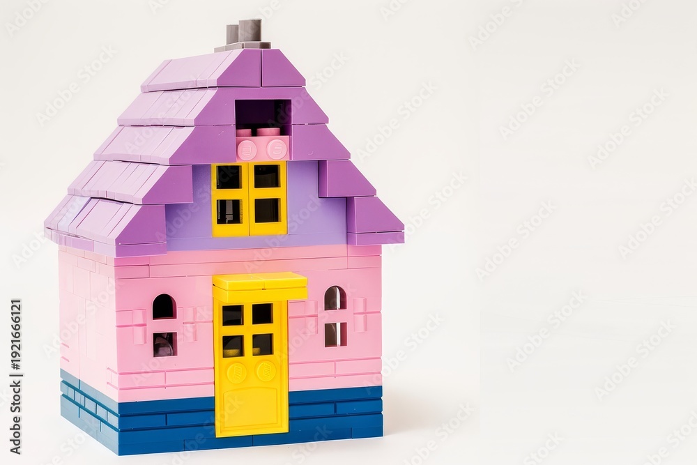 Fototapeta premium Simple pink and purple house with yellow door on white background, professional photography with space for text
